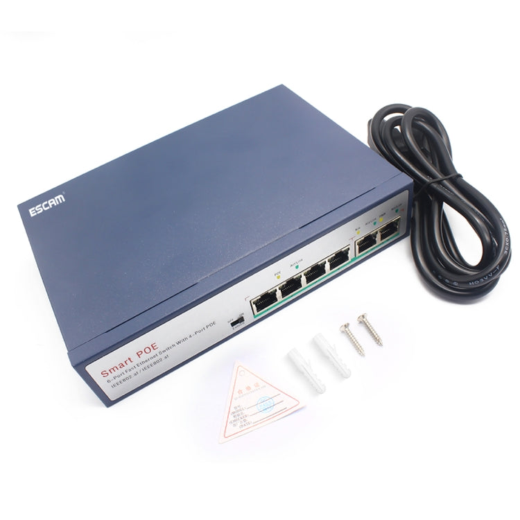 ESCAM POE 4+2 6-Port Fast Ethernet Switch 4-Port POE 10/100M 120W Network Switch, Transmission Distance: 150m, 6 Ports ESCAM POE 4+2 6-Port Fast Ethernet Switch 4-Port POE 10/100M 120W Network Switch, Transmission Distance: 150m, 6 Ports